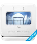 Self Contained Countertop Dishwasher With Built In Water Tank And Gentle Baby Care Mode showing clean plates in window.