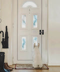 White dog looking out a windowed front door with black boot and umbrella on the side, indoor view.