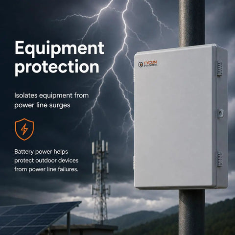 Heavy Duty 12 Volt 36 Ah SLA Power Bank With 432 Wh Storage And 100 Watt Continuous Draw Delivers Serious Off Grid Juice features weatherproof enclosure on a pole.