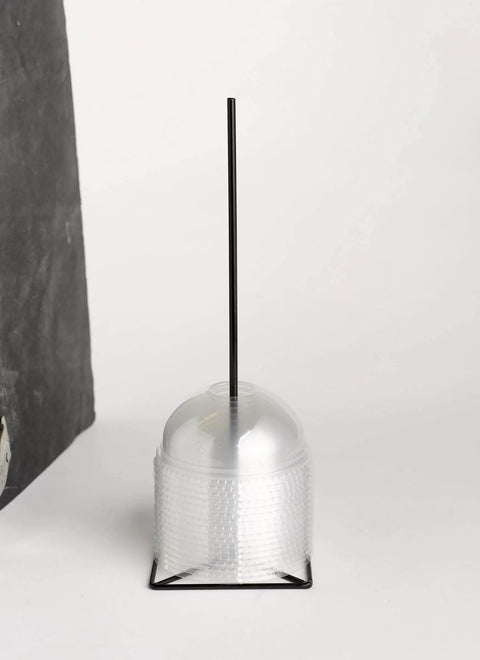 Front view of Pro Grade Stainless Steel Snap Bin 11.7 Inch Spindle Holder for coffee station organization holding clear domed lids.