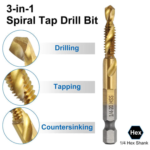 Six-Piece All in One Combination Drill and Tap Bit Set 1/8-40 BSW to 3/8-16 BSW High Speed Steel shown with titanium coating