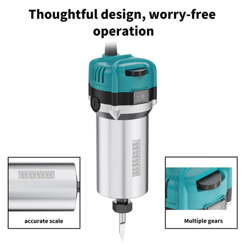 Beefy 800W Trim Router Kit With 6 Speed Range From 10000 To 30000 RPM, ER11 Collet showing accurate scale and multiple gear settings