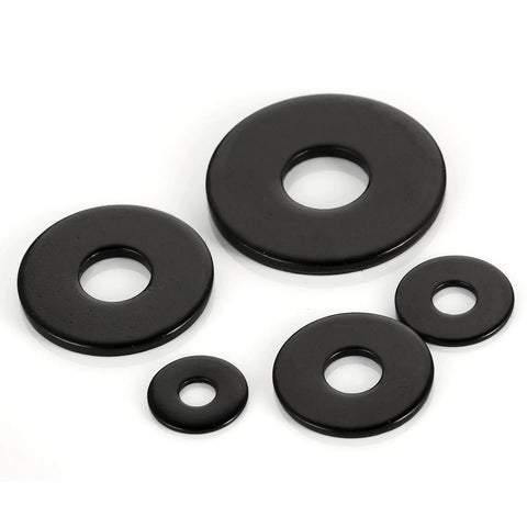 Five black stainless flat washers with 1/4 in holes, varying outer diameters.