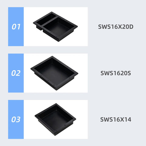 Shower Niche Storage For Shampoo And Soap, 16 Inch Wide By 14 Inch High By 4 Inch Deep, waterproof, three models shown.