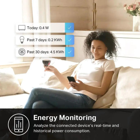 Woman on couch using phone to control Smart Plug Mini With Energy Monitoring That Works With Alexa And Google Home No Hub Required