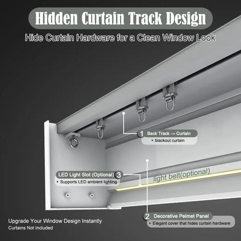Three In One Curtain Track System With Rod, Valance, And Light Belt, Ceiling Mount Or Optional Install, Quiet Smooth Pulleys For No Fuss Operation, No Drama Noise, Pure White Finish, Ideal Living Room Or Bedroom Room Divider Solution hidden curtain track with LED slot