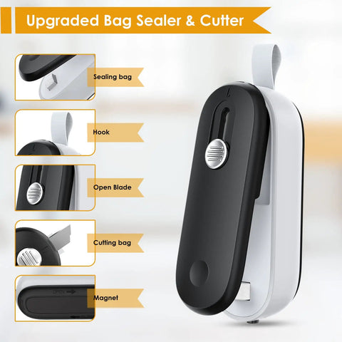 Super Slick Mini Heat Sealer With Built In Cutter That Reseals Chip Bags Smoothly keeps snacks fresh, showing sealing and cutting features.