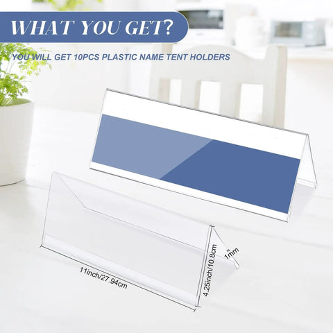 30 Pack Clear Plastic Name Tent Holders For Desk 11 Inch By 4.25 Inch Acrylic Name Plates on a white table