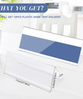 Clear Plastic Name Tent Holders Set Of 10 For Desk And Table Sign Frames 11 Inch By 4.25 Inch Acrylic PVC Card Tents shown on table