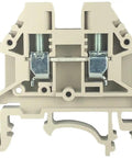 Front view of DK4N DIN Rail Terminal Block Screw Type UL 600V 30A 10-22AWG Pack Of 100, beefy electrical block for safe wiring.