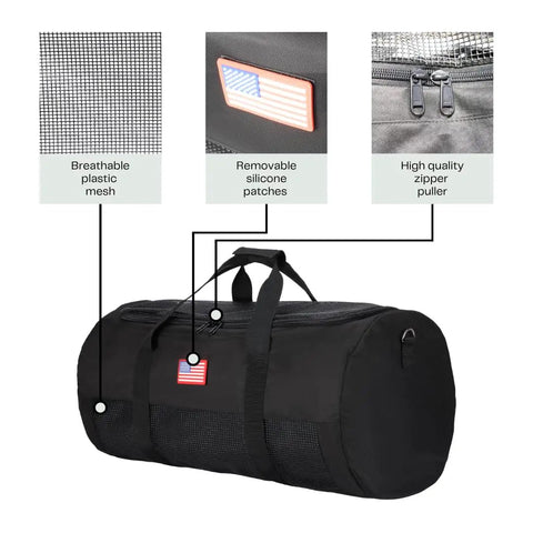 Mesh Scuba And Snorkeling Gear Bag Tough As Nails Heavy Duty Ventilated Duffel With Zippered Compartments And Adjustable Shoulder Strap Durable 600D Oxford Cloth For Saltwater Use Black, showing close-up of mesh, silicone patch, and zippers.