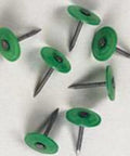 1 3/4 Inch Plastic Cap Roofing Nails With Flexible Round Heads For Straight Up No Sweat Weatherproof Sealing On Sheathing And Roll Roofing Built Tough Heavy Duty Fastener Box Of Two Thousand, showing green caps and metal shafts.