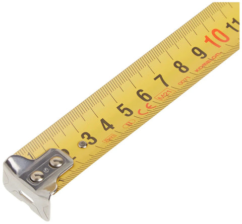 8m By 25mm Metric Gripper Tape With Nylon Coated Blade, Triple Riveted End Hook, detailed view of yellow metric scale.