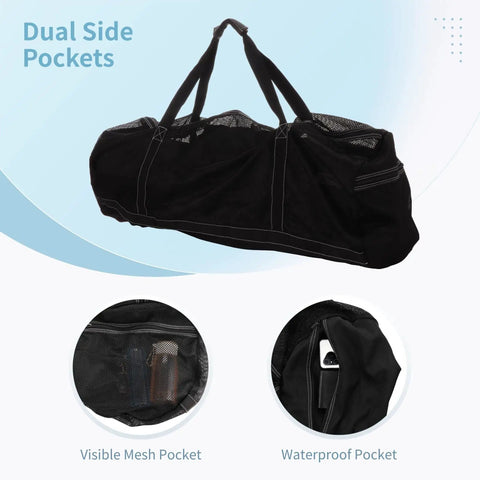 Big Black Mesh Duffle Bag For Scuba Gear And Snorkel Sets with side pockets and visible mesh, see-through beach tote for travel and sports.