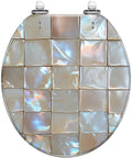 Round Resin Toilet Seat for Bathroom with iridescent square tile design and chrome hinges, close-up view.