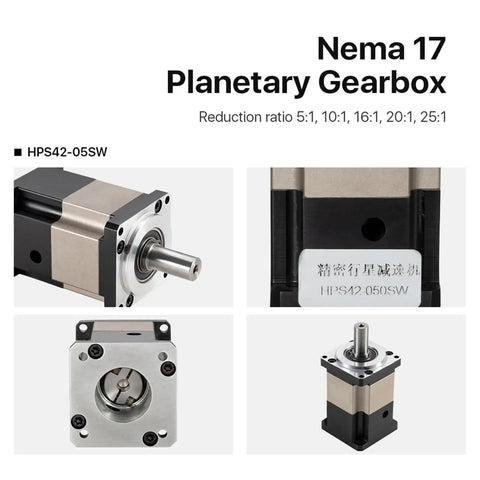 Nema17 Hps42 Planetary Gearbox Speed Reducer for Stepper Motors showing square housing and 5mm shaft with 20:1 ratio.