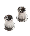Get Your Hands On 30 Pcs Flat Head Aluminum Rivnuts With Knurled Body For Solid Holds, Zinc Plated Steel Threads M3 To M12 Size - Close-up of two flat head aluminum rivnuts.
