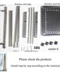 Movable Mop And Broom Holder Cart Rolling Cleaning Tool Rack Stainless Steel Stand assembly components and instructions