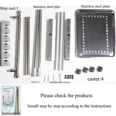 Movable Mop And Broom Holder Cart Rolling Cleaning Tool Rack Stainless Steel Stand assembly components and instructions