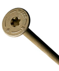 Close-up of Exterior Grade Timber Screw 0.220 Inch By 4 Inch with washer head and sawtooth point, tan finish