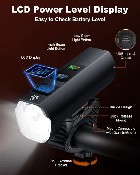 Beastly Bright USB Rechargeable Bike Headlight For Night Riding With Aluminum Body 8000 Lumens 13 Modes 5000mAh Type C Reverse Charging Waterproof Front Light 360 Degree Rotatable Bracket