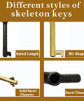 Different styles of skeleton keys showing barrel length, bit shape, solid barrel diameter, and barrel diameter for antique locks.