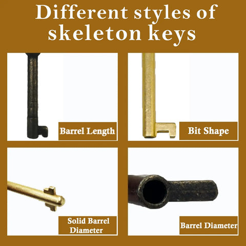 Different styles of skeleton keys showing barrel length, bit shape, solid barrel diameter, and barrel diameter for antique locks.