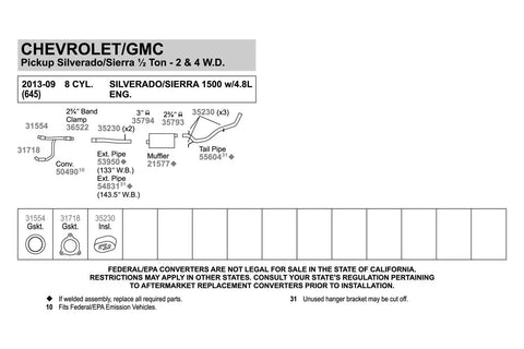 Diagram showing exhaust clamp and pipe configuration for Chevrolet Silverado 1500
