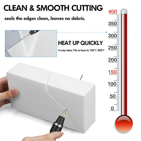 3 In 1 Foam Cutter Kit With Hot Wire Knife And Bow Cutter Pen slicing foam block with heat indicator, showing cutting precision.