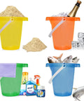 Colorful beach buckets used for sand, ice chilling, and storage, part of Six Piece Beach Buckets and Shovels Set for Kids, 7.6 Inch Pails and Shovels