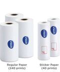 PrintCam Paper Refill Pack With Three Regular Thermal Paper Rolls And Two Thermal Adhesive Sticker Rolls No Ink Needed For Quick Black And White Photo Prints And DIY Stickers, regular and sticker rolls