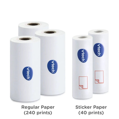 PrintCam Paper Refill Pack With Three Regular Thermal Paper Rolls And Two Thermal Adhesive Sticker Rolls No Ink Needed For Quick Black And White Photo Prints And DIY Stickers, regular and sticker rolls