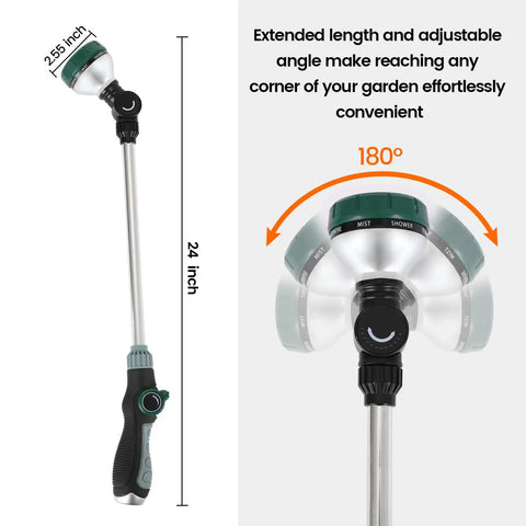 24 Inch Garden Hose Watering Wand With 8 Spray Patterns, Thumb Flow Control, Pivoting Head, Lightweight Aluminum Nozzle, Ergonomic TPR Handle