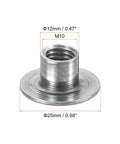 Top Shelf M10 Carbon Steel Tee Nuts Twelve Piece Set Featuring Round Base Flange Inserts And Weld Through Hole Female Thread Plate hardware showing dimensions.