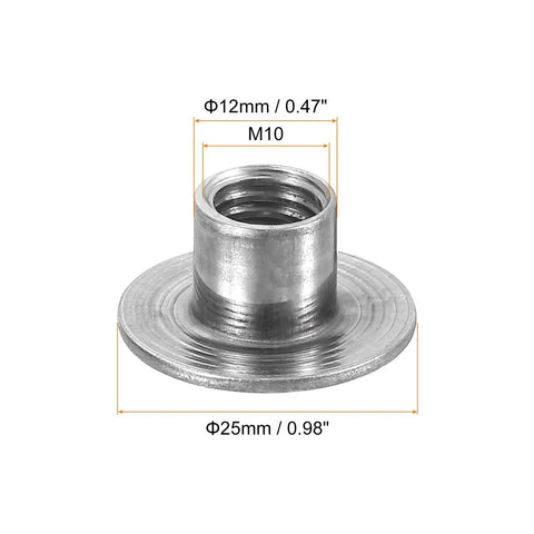 Top Shelf M10 Carbon Steel Tee Nuts Twelve Piece Set Featuring Round Base Flange Inserts And Weld Through Hole Female Thread Plate hardware showing dimensions.