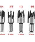 Top Shelf 8 Piece Wood Plug Cutter And Tapered Drill Bit Set Built Tough From Carbon Steel showing 1/4, 3/8, 1/2, and 5/8 inch bits.