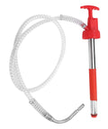 The Ultimate Portable Oil Hand Pump For 5 Gallon Drums with clear flexible hose and red handle for fluid transfer.
