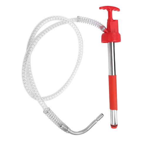 The Ultimate Portable Oil Hand Pump For 5 Gallon Drums with clear flexible hose and red handle for fluid transfer.