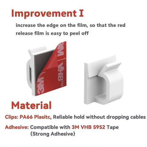 Close-up of 3M VHB 5952 adhesive tape and PA66 plastic clip from 40 Pack Cable Clips With Strong Adhesive Tape For Wire Organization And Cord Management In Car, Office, And Home White Upgraded Nylon Clips For Neat Cables And Reliable Hold.