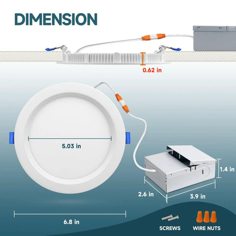 Dimensions of Six Inch Slim LED Recessed Ceiling Light With Junction Box Dimmable Downlight With Baffle Trim 5000K