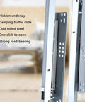 Close-up of heavy duty 350mm soft close drawer slides with roller bearings in cold rolled steel for under desk installations.