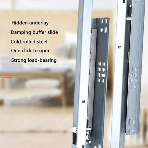 Close-up of heavy duty 350mm soft close drawer slides with roller bearings in cold rolled steel for under desk installations.