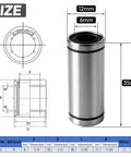 Rig Ready 4 Pack LM6LUU Linear Ball Bearings With 6mm Bore Nickel Finished Long Guide Sleeves dimensions and specifications diagram.