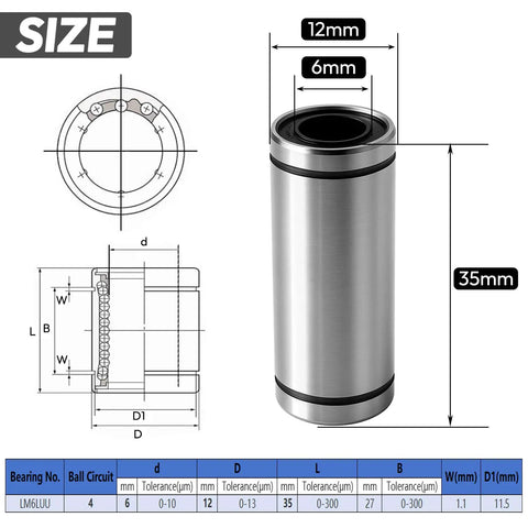 Rig Ready 4 Pack LM6LUU Linear Ball Bearings With 6mm Bore Nickel Finished Long Guide Sleeves dimensions and specifications diagram.
