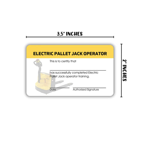 5 Pack Electric Pallet Jack Operator Credential Cards 2 By 3.5 Inch wallet-sized plastic training certificate with forklift image.