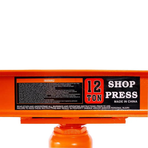 Heavy Duty 12 Ton Hydraulic Shop Press With Portable H Frame showing warning label and 12 ton marking in bright orange.