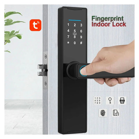 Premium Wireless Smart Door Lock Featuring Biometric Finger Scan And Numeric Keypad Interface Enabling Decoy Code Defense To Block Snoops Plus Instant Grip Activated Handling For Breezy Daily Grind Access, close-up of black indoor lock with numeric keypad and biometric scanner.