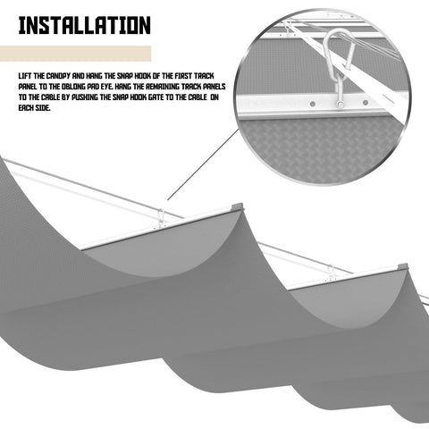 Installation guide for 7 Ft W X 16 Ft L Retractable Pergola Shade Cover with light grey 240GSM fabric on wire cables.
