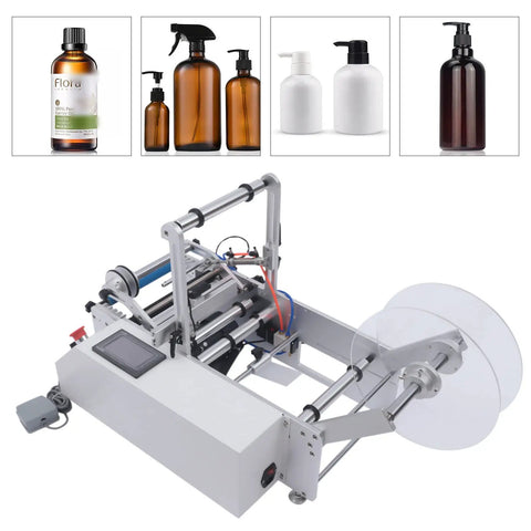 Semi Automatic Label Applicator Round Bottle Labeling Machine With High Precision Fiber Sensor And 300W Motor in white and gray.
