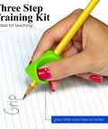 3 Step Pencil Grip Training Kit For Kids And Adults featuring green crossover grip on yellow pencil for better handwriting control